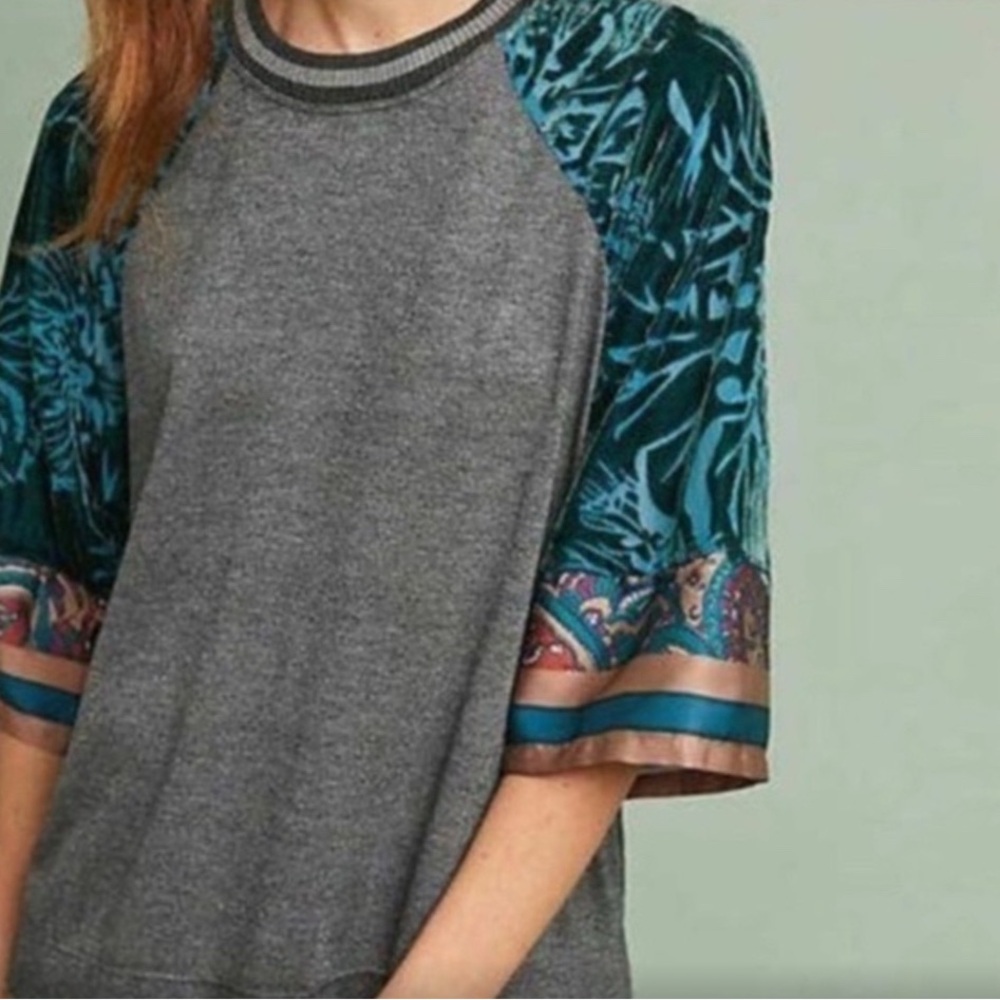 Cotton 3/4 Sleeve Relaxed Tee w/ Flocked Velvet and Silk Raglan Sleeves